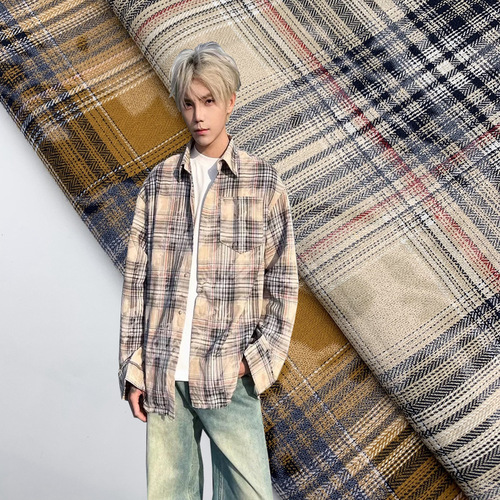 Plain weave twill 21-count shirt coat half skirt pants fabric grid cloth, paint printing distressed grid fabric
