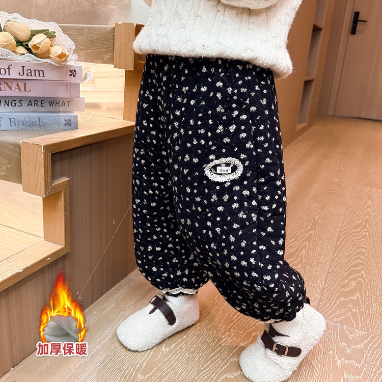 萌糖糖女童加棉束脚裤儿童洋气碎花裤子冬装女宝卡通冬加厚休闲裤