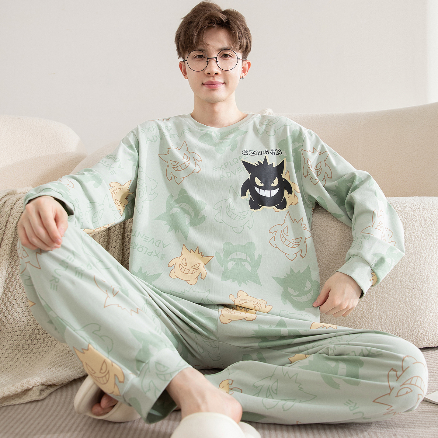 Men's Pajamas Long-Sleeved Pure Cotton Spring and Autumn Plus Size Suits for Teenagers and Students Autumn and Winter Thin Home Clothes