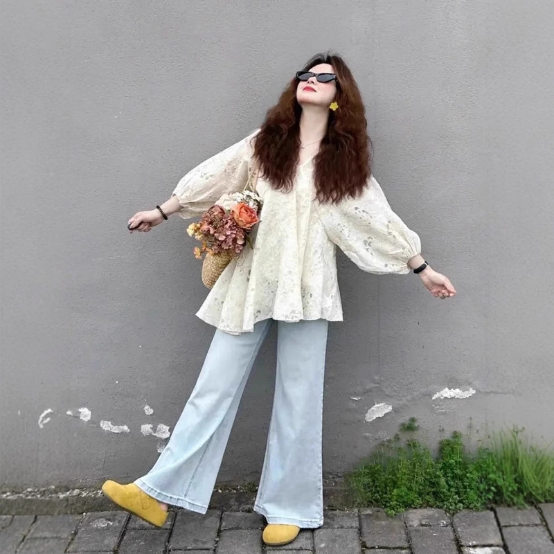 Plus Size Fat mm Belly-Covering Slimming Look Shirt Women's Autum Design French Chic Cut Out Crochet V Neck Top