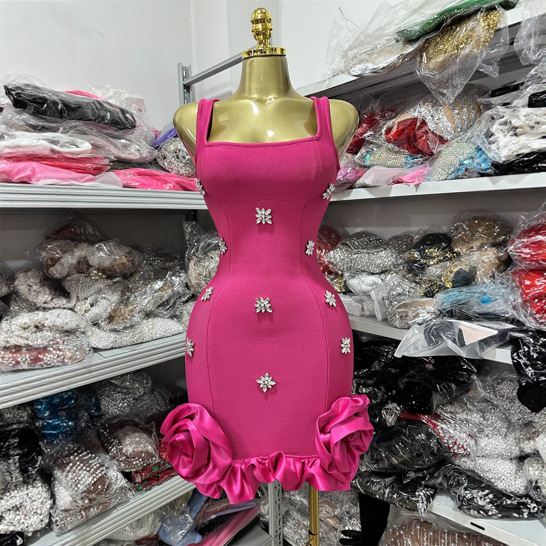 European and American Cross-border 2025 Women's Sleeveless Square Collar Diamond Crystal Socialite Backless Split Mini Skirt Dress