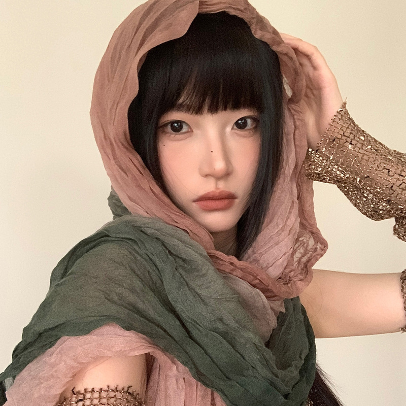 复古渐变民族风褶皱头巾女西部废土风沙漠丝巾拍照辣妹风围巾披肩|undefined