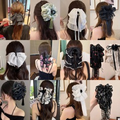 スーパーフェアリーフローラルビッグリボンリボンクリップフォレストスタイルハイエンドシャーククリップ後頭部用シフォン生地ポニーテールクリップ