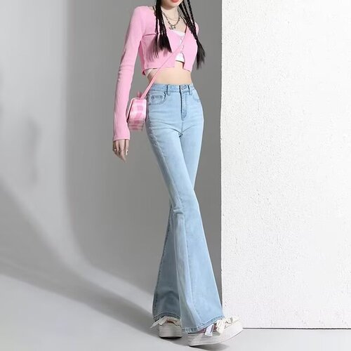 Light-colored micro-ragged jeans for women's new spring and summer tall, lengthened, high-waist, slimming, mopping horseshoe bell bottoms