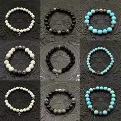 Trendy Unisex Bracelet Ins Vintage Style Beads 10mm Obsidian 8mm Turquoise Thai Silver Hand String