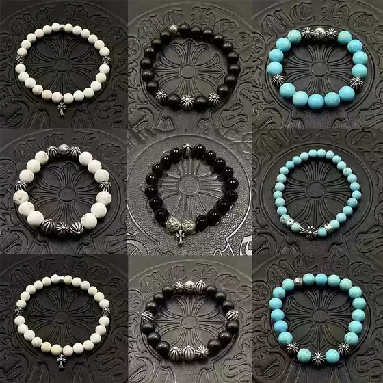 Trendy Unisex Bracelet Ins Vintage Style Beads 10mm Obsidian 8mm Turquoise Thai Silver Hand String
