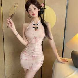 新中式国风新款显瘦印花连衣裙青年国潮夏季复古宫廷风包臀裙女