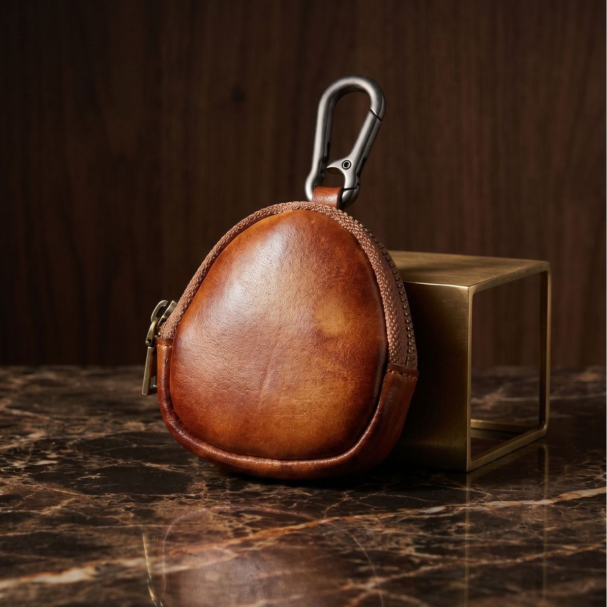 First-Layer Cowhide Coin Purse, Zipper Leather Earphone Case, Pleated Handmade Vintage Key Holder