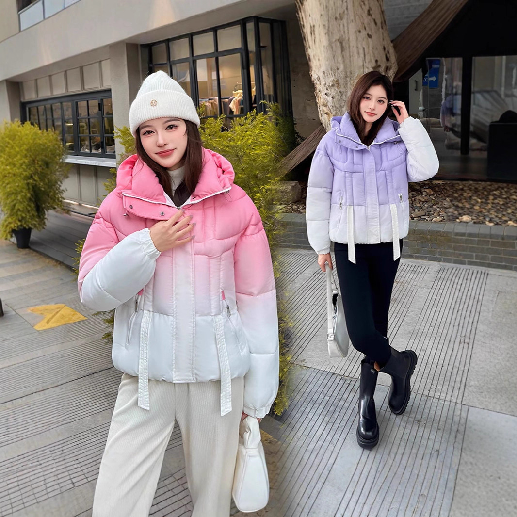 Capa de algodón transfronteriza 2025 nueva ropa de algodón de color gradiente chaqueta de algodón de mujer americana chaqueta de invierno con capuzas chaqueta gruesa