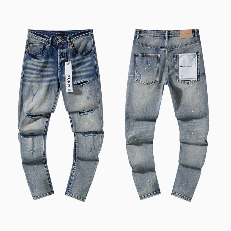 高品质PURPLE&AMIRI牛仔裤美式Jeans高街破洞补丁嘻哈直筒长裤男|undefined