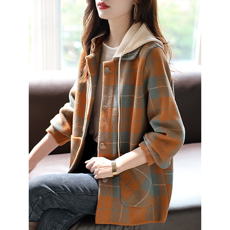 连帽格子中长款秋冬外套口袋上衣2025新款时尚气质韩版呢子大衣女