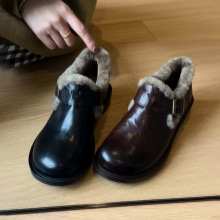 现货秒发~保暖加绒毛毛鞋女2024秋冬新款勃肯鞋厚底棉鞋乐福单鞋
