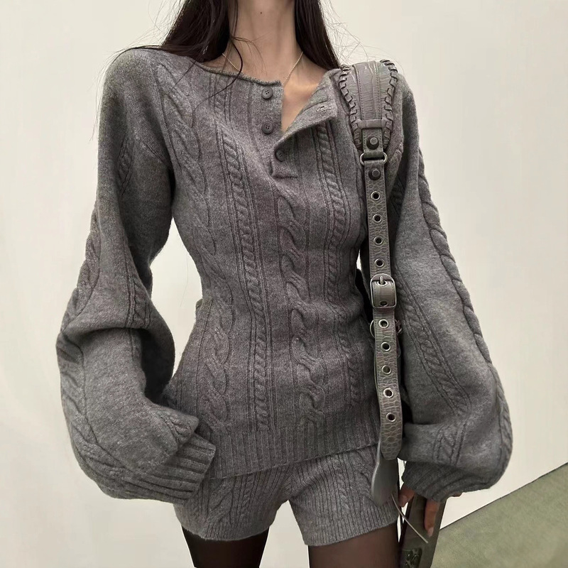 Han Hao Tian Warden Edge Gray Pullover Twist Sweater Women's Winter Slim Fit Henry Collar Knitted Top