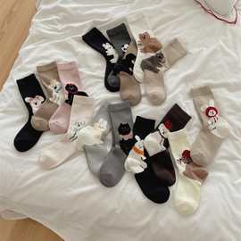 25秋季新品袜子日系后跟卡通植绒女中筒袜甜美可爱百搭棉质女袜