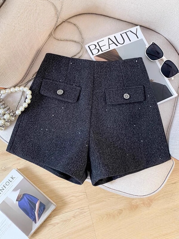 Winter 2026 Black Boots Paired with Wide-Leg Pants, Sequined Woolen Shorts, Women's Fashion New Style Autumn Chanel Style Winter 2026 Black Boots Paired with Wide-Leg Pants, Sequined Woolen Shorts, Women's Fashion New Style Autumn Chanel Style