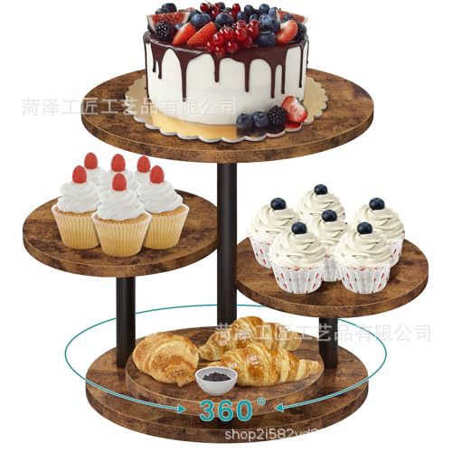 Multi-Tiered Cupcake Tower Stand Wooden Rotatable Cake Stand with Tiered Tray Farmhouse Wood Dessert Display Plate