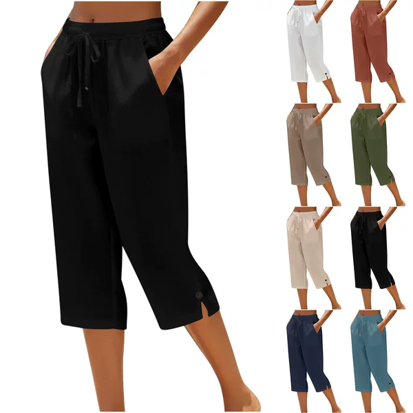 Amazon Cross-Border 2026 New Women's Solid Color Wide-Leg Pants High-Waisted Drawstring Pocket Cropped Casual Pants Wholesale