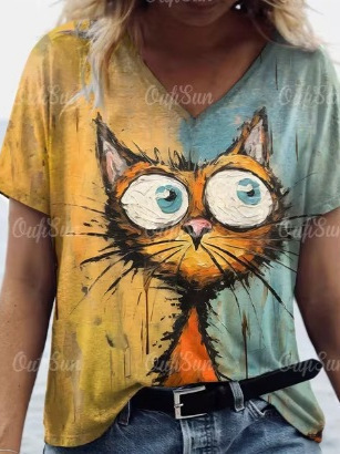 Amazon 2025 Bestselling Women's European and American Clothing V-Neck T-Shirt with Small Animal Print, Casual and Fashionable V-Neck Short-Sleeve