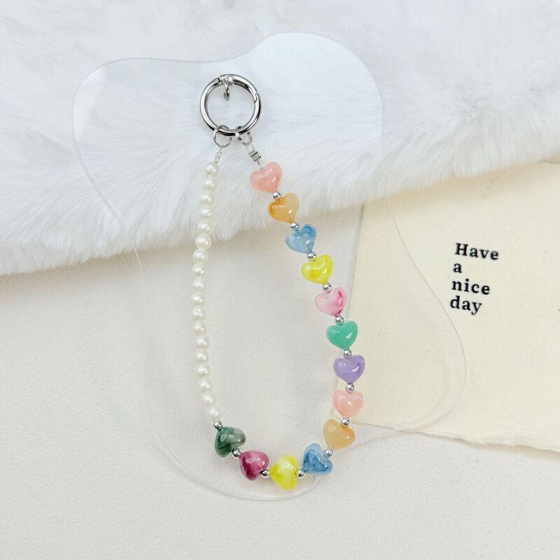 Hot Selling Beaded Pendant Keychain Rainbow Pearl Chain Pendant Mobile Phone Case Bag Pendant Light Luxury Love Mobile Phone Chain