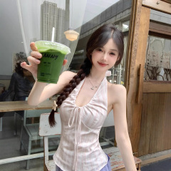 8uioio粉霧海ピンクv襟首付きベスト女性夏2025新型美背ノースリーブキャミソール上着
