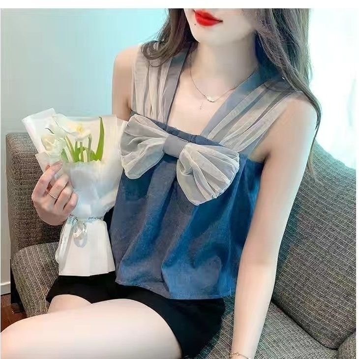 Sleeveless Denim Vest for Women, Summer Outerwear with a Unique Design, Lace Splicing, Bowknot, Age-Reducing Short Camisole Top