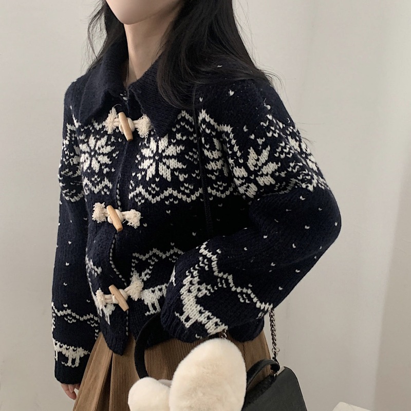 现货 韩国ins冬新款北欧风加厚保暖牛角扣雪花针织开衫女毛衣外套|undefined