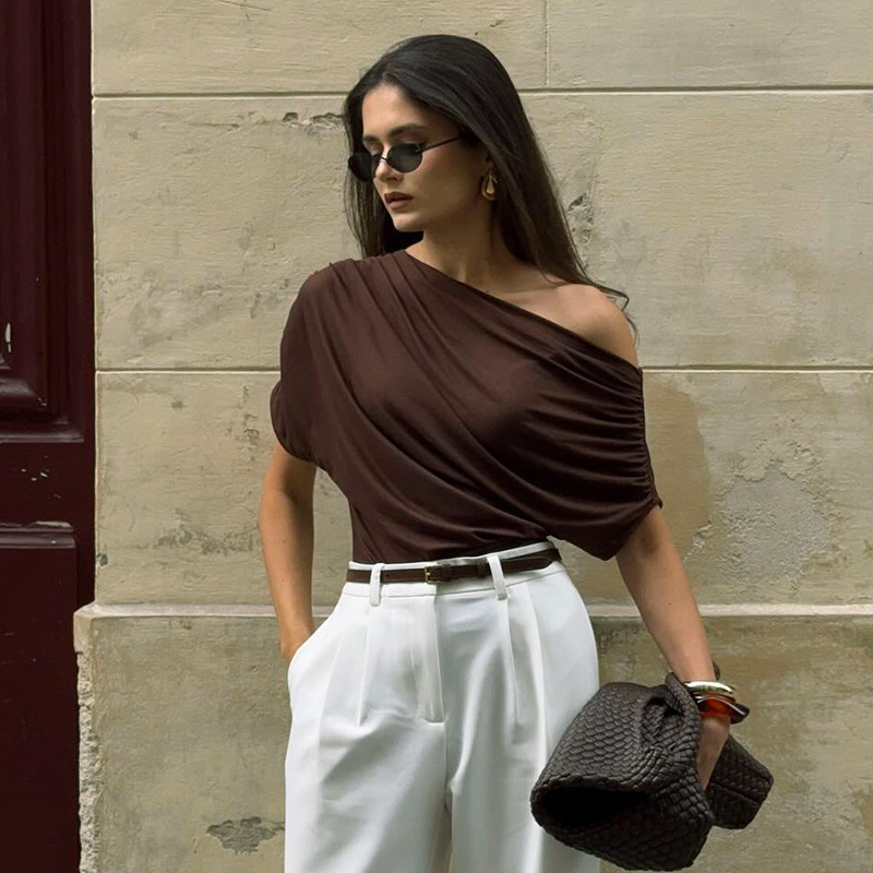 J26Tp019 Foreign Trade Cross-Border 2026 Spring and Autumn Versatile Solid Color Pleated One-Shoulder Waist-Cinching Short-Sleeve T-Shirt Top Wholesale