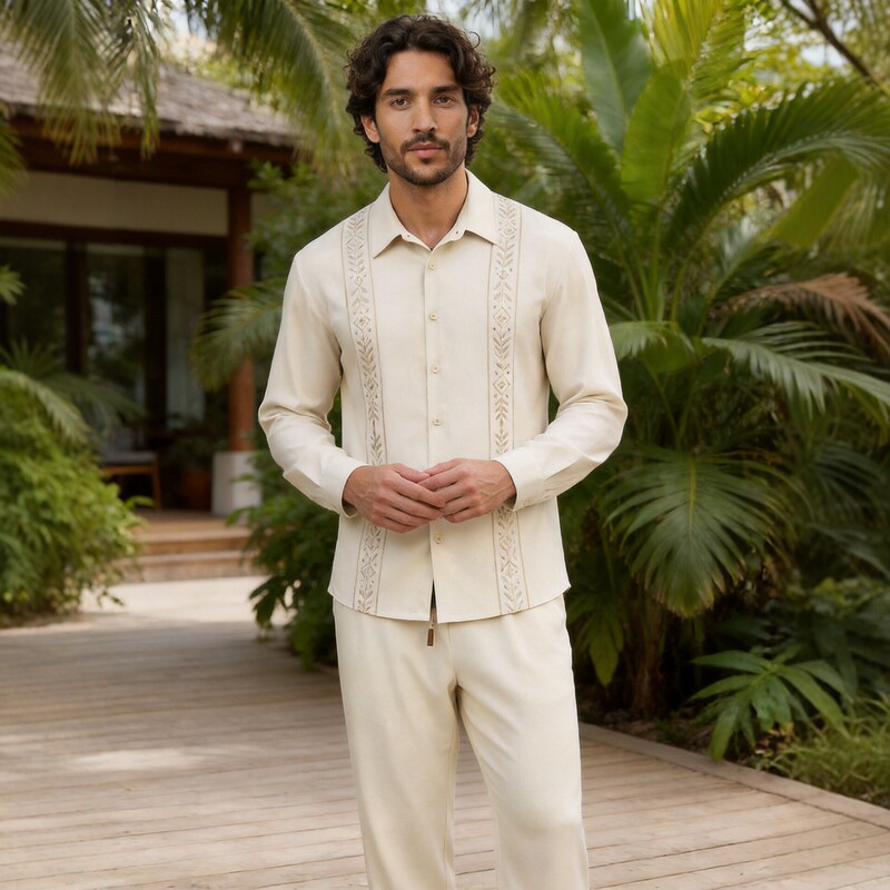 Cuban-Style Printed Short-Sleeved Shirt Set for Men, Casual Two-Piece Set for Vacation and Wedding Wear, with Drapey Trousers Cuban-Style Printed Short-Sleeved Shirt Set for Men, Casual Two-Piece Set for Vacation and Wedding Wear, with Drapey Trousers