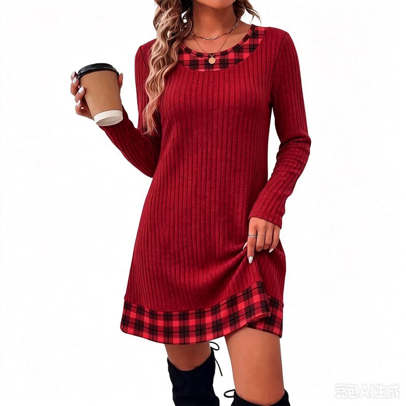 Amazon women's comfortable and casual round-neck patchwork basic long-sleeve dress