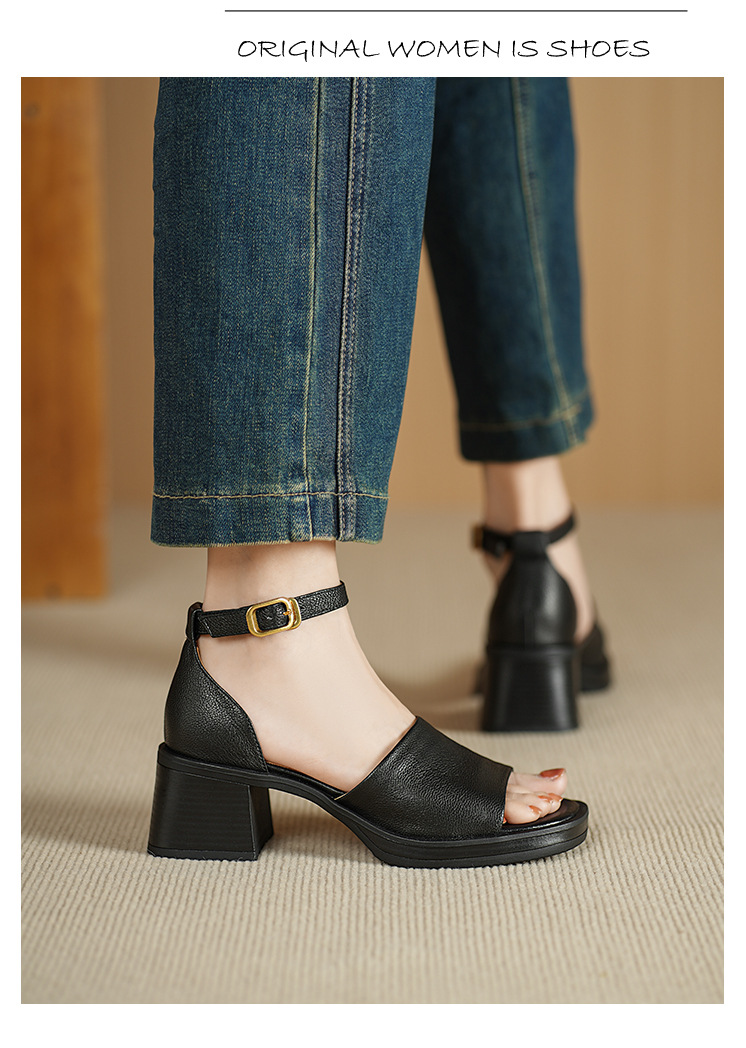 Sandal cao gót nữ hở mũi quai ngang khóa, da dê cao cấp, gót vuông ổn định — đen chi tiết 8