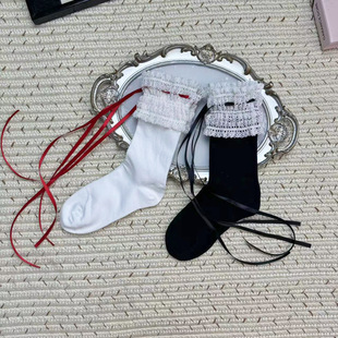 White Lace Girl's Mid-Length Socks Lace Lolita Bow Solid Color Pile Socks Bow Strap White Socks