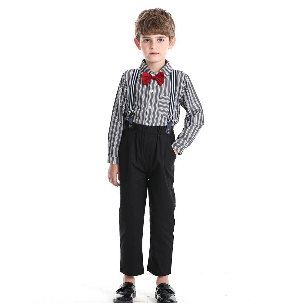 Boys' Autumn Dress Fashionable Baby Handsome Middle School Children's English Stripe Shirt Strap Pants_voghion.com