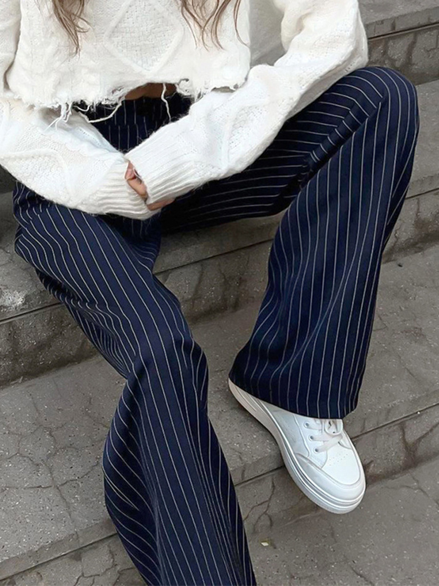 Pantalones a rayas rectos transfronterizos Europa y los Estados Unidos 2025 otoño nuevos pantalones largos de piernas largas sueltos de moda traje de viaje pantalones mujeres image 6