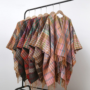 New Thickened Warm Retro Wavy Plaid Sleeved Shawl Travel Outerwear with Slit Long Tassel Coat