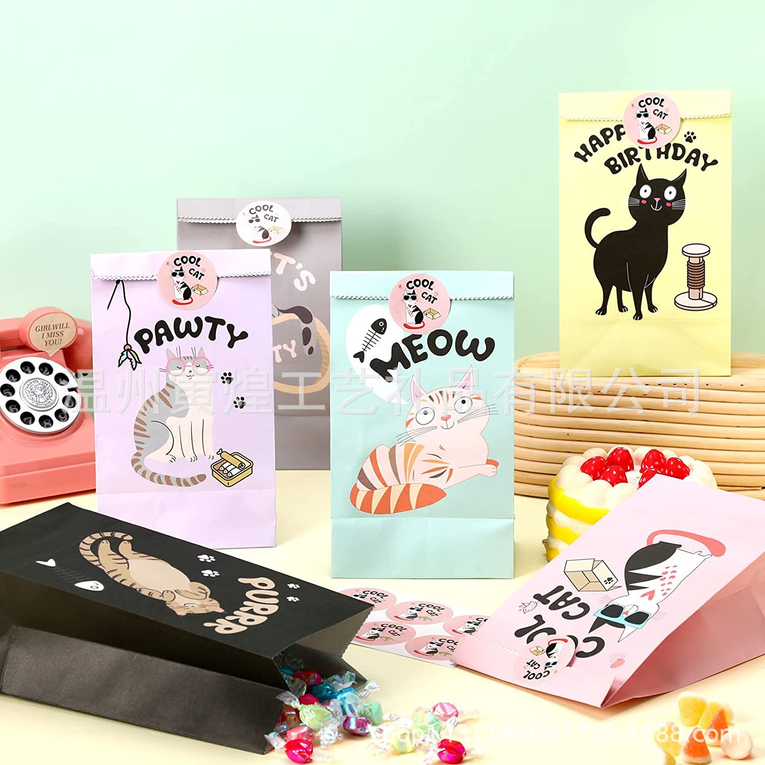 亚马逊现货喵咪主题生日派对牛皮纸袋小猫糖果袋礼品袋