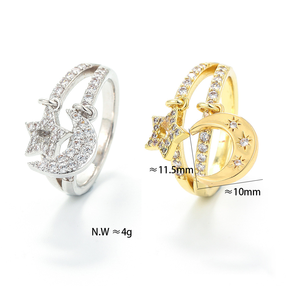 Unisex Gender Plating Design Fashion Micro-inlaid Zircon Double-layer Hollow Five-pointed Star Crescent Ring