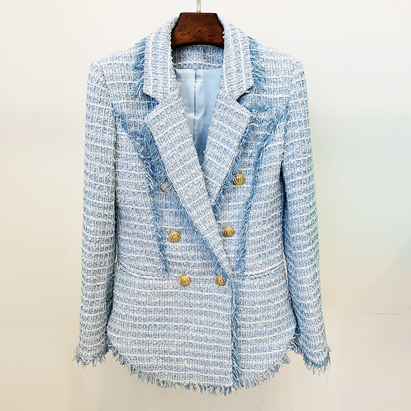 Women's Clothing Autumn And Winter Double Breasted Flow Edge Tweed Mid Length Suit Jacket_voghion.com
