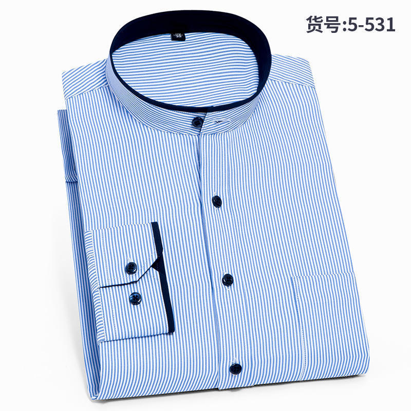 Chinese Collar Shirt Men's Long-sleeved 40 Cotton White Business Non-ironing Collarless Small Crewneck Zhongshan Striped Shirt