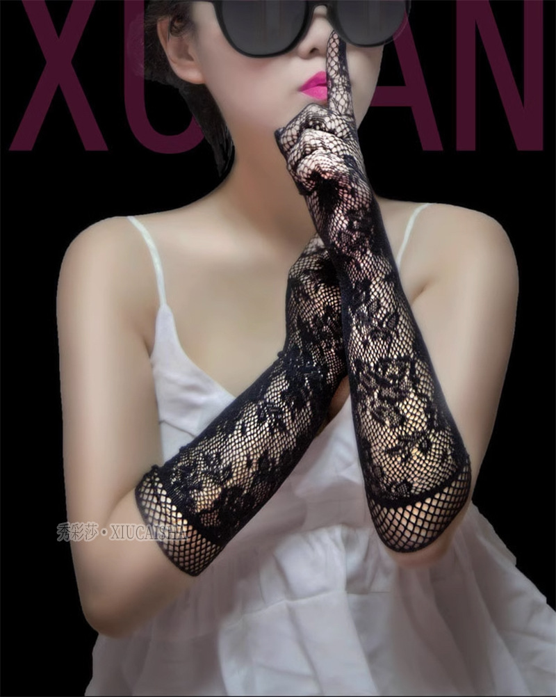 Lace Mesh Long Gloves, White Five-Finger Bridal Gloves, Breathable 2025 Spring — detail image 2