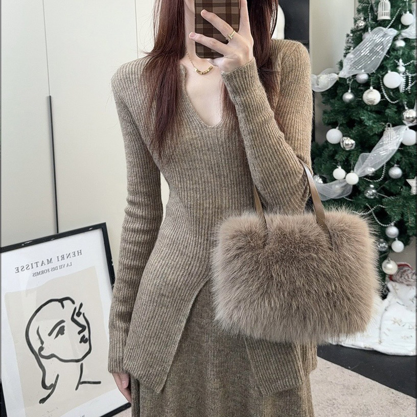 KANING优雅开叉打底毛衣半身裙两件套2025秋季新款时尚针织套装女