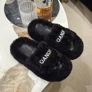 Plush Students One-Word Slippers Fashion Outing Fluffy Slippers Thick Bottom Slippers Women's New Autumn and Winter Internet Popular