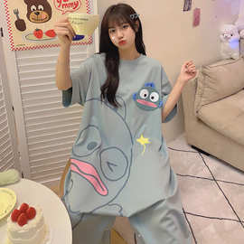 汉顿丑鱼连体睡衣女2024夏季薄款纯棉短袖卡通大码宽松睡裙女跨境