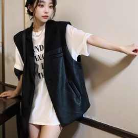 欧货皮衣马夹女外穿无袖春秋薄款马甲中长款小个子pu皮外搭