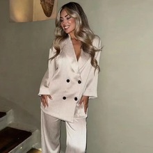 ZA速卖通爆款跨境外贸欧美风女装INS皱痕西装外套休闲长裤套装