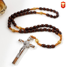 现货十字架念珠项链手工 跨境8*10深咖色米形木珠绳编念珠男项链