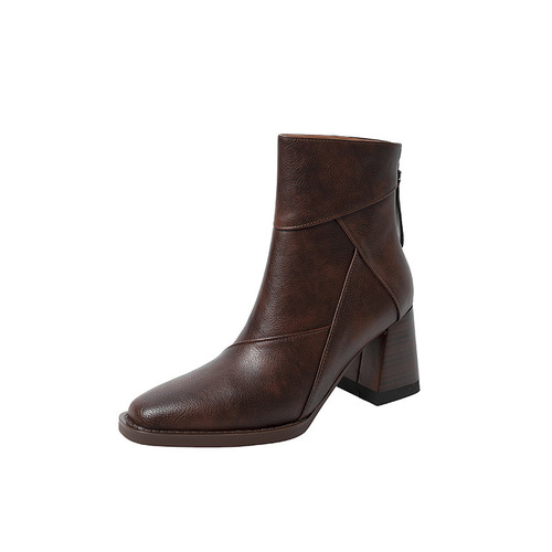 Rough short boots for women, high-heeled winter brown slim boots, British style retro Martin boots