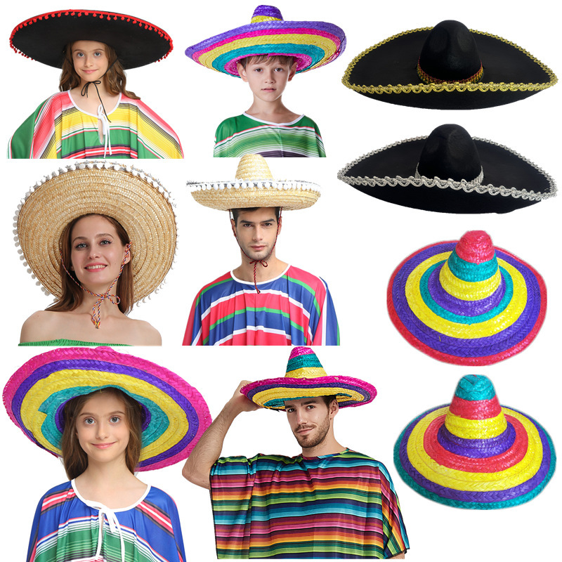 Children's Performance Hat Adult Halloween Ball Dress Up Straw Hat Mexican Carnival Party Hat Christmas Color