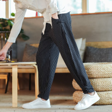 2024新款条纹中国风休闲裤男宽松盘扣春季休闲青年小脚棉麻长裤