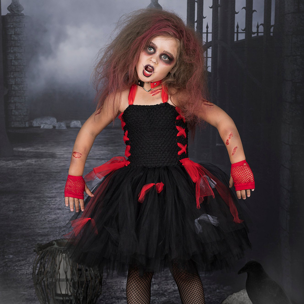 Kids' clothing children's Halloween costumes horror vampire zombie role play tutu skirt girls mesh dress_voghion.com