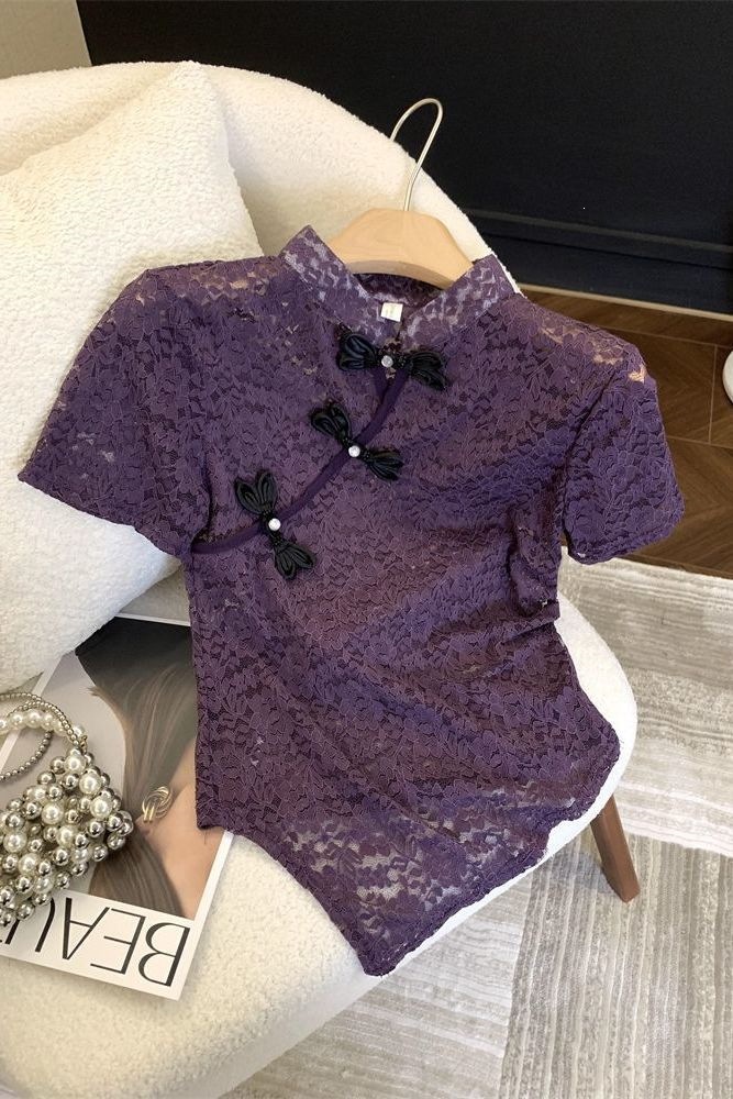 New Chinese style short-sleeved T-shirt with lace and crochet details, summer style, irregular hollowed-out cheongsam-style top.